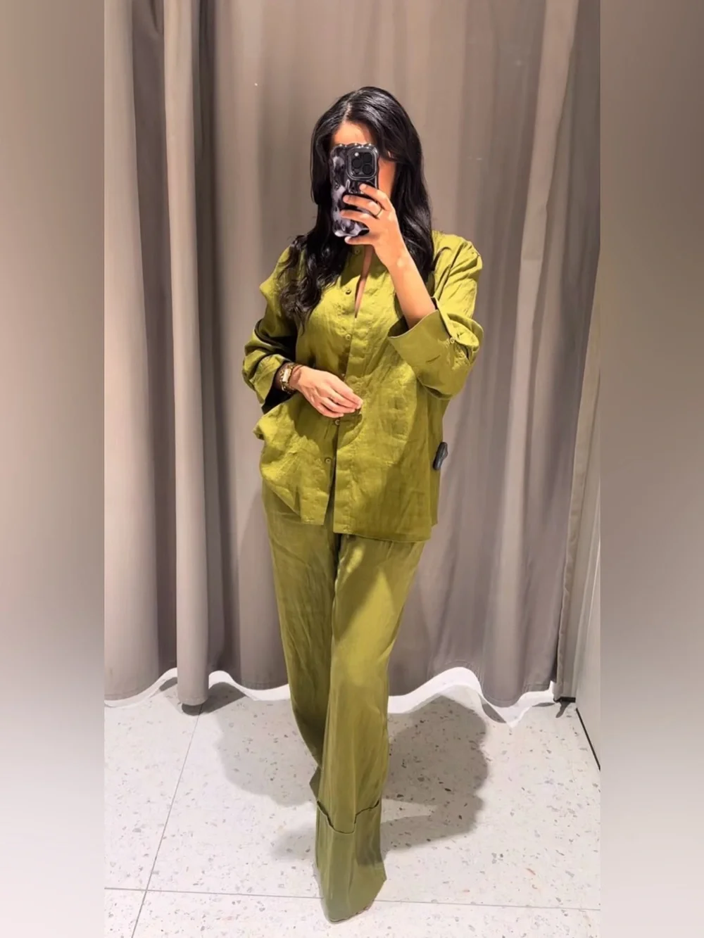 Zara 100% Linen  Button-Up Top and Wide Leg Pants Set